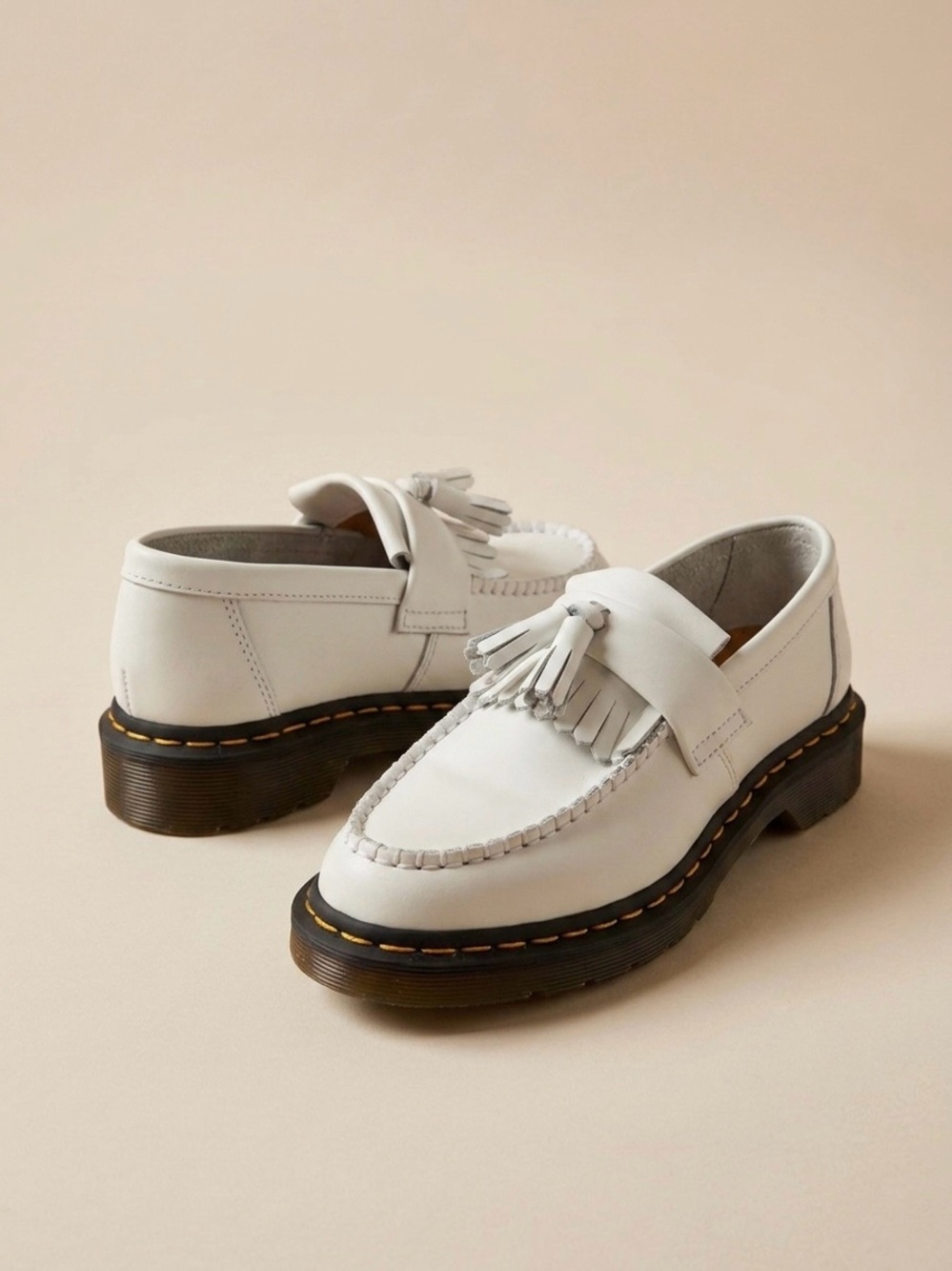Dr. Martens Adrian Yellow Stitch Leather Tassel Loafers White